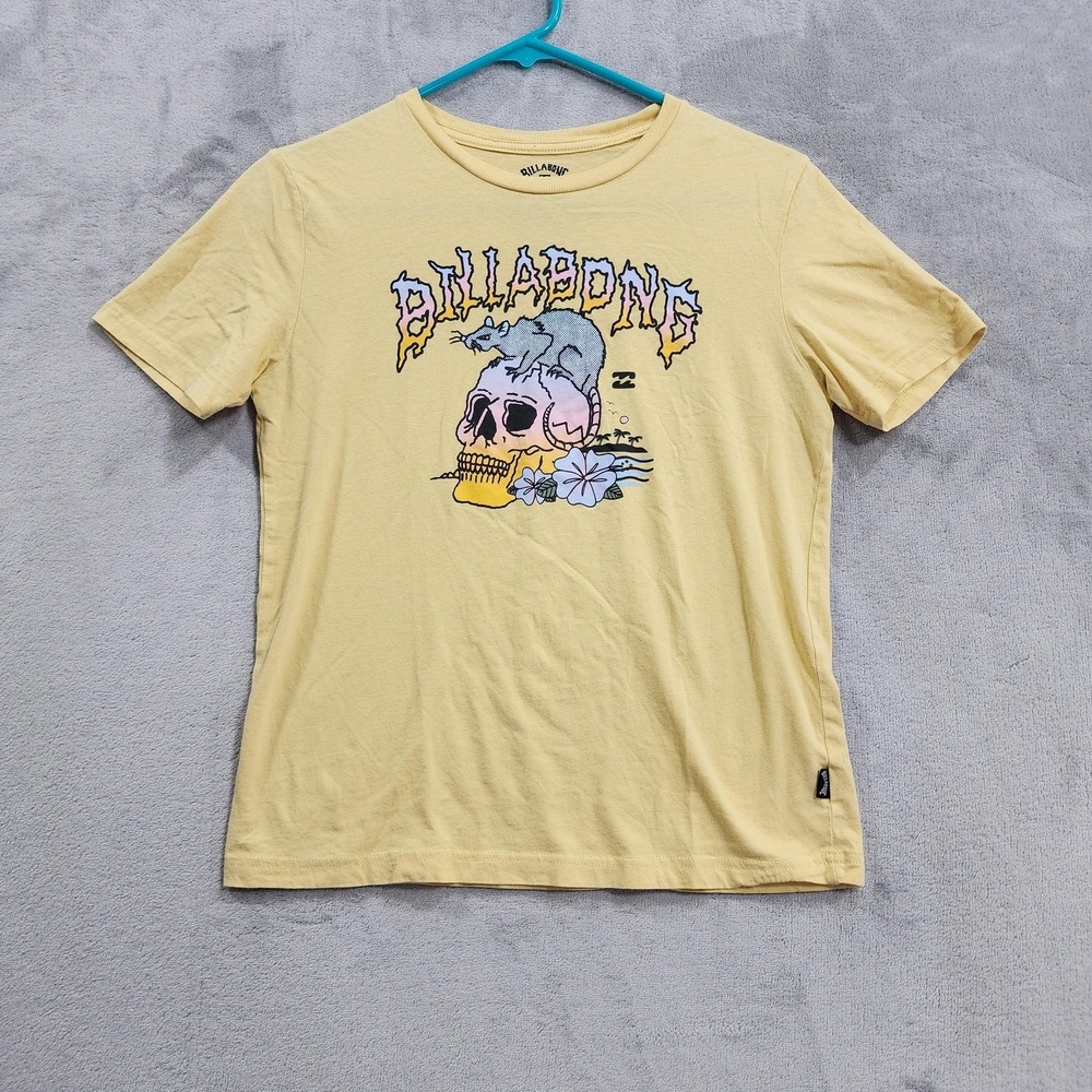 Billabong Shirt Womens M Yellow Skull Rat Surf Graphic Tee Beach‎ Casual Summer